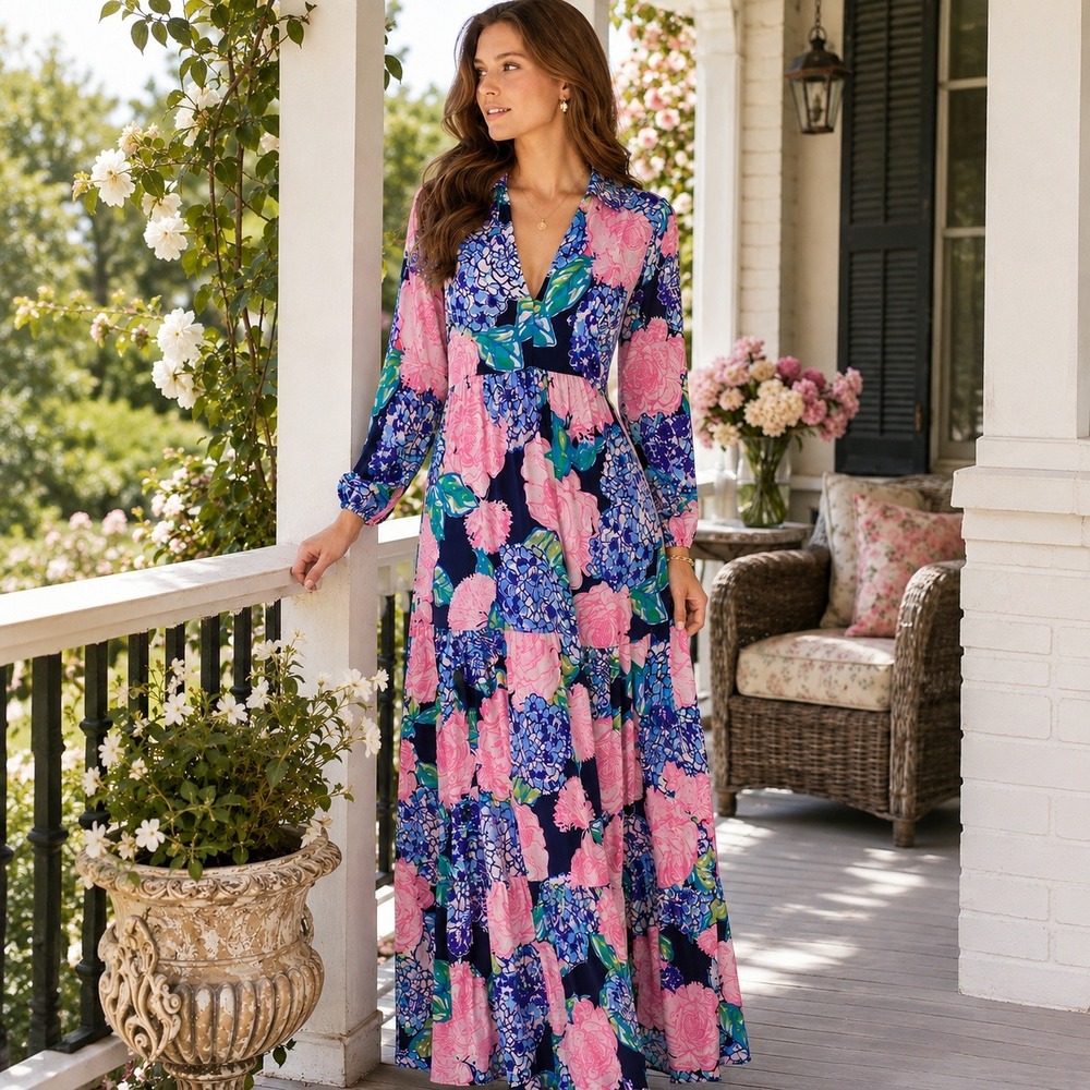 Lilly Pulitzer Martinique Tiered Maxi Dress Womens MED Navy Blue Floral Resort